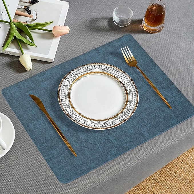 Faux Leather Placemats Set of 6, Heat Resistant Wipeable Washable Vinyl Place Mats, Waterproof Anti-Slip Dining Table Mats, Suitable for Indoor & Outdoor Use (Navy Blue)