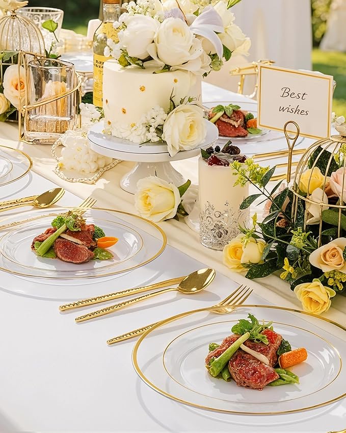Quatish 60 Pcs Gold Rim Disposable Plastic Plates for Party,Wedding Plate Includes 30 Pes 10.25 Inch 30 Pes 7.5 Inch Heavy Duty Dinner & Dessert Plates, Perfect for Festivals,Picnics,in Clear