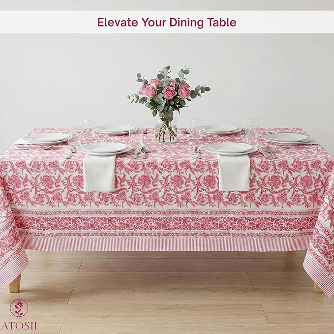 ATOSII Red Bloom 100% Cotton Tablecloth, Handblock Print Rectangle Table Cover for Kitchen Dining I Tabletop Linen I Parties, Wedding, Spring Summer Table Cloth 60 X 90 Inches