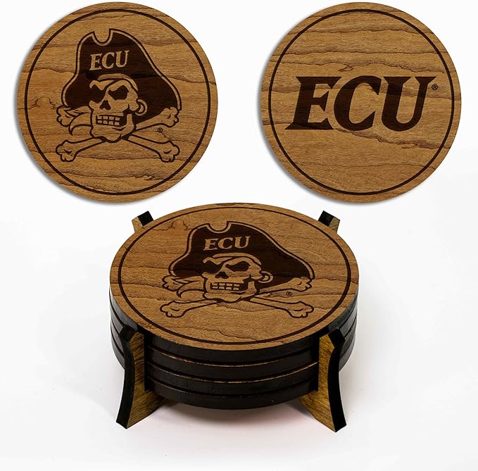 LazerEdge East Carolina Pirates Wooden Coaster Set - Cherry Wood - Officially Licensed Product - 4-Pack