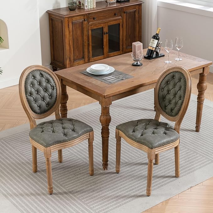 Vintage French Dining Chairs Set of 8, Round Back PU Leather Upholstered Side Chairs with Nailhead Trim and Solid Wood Frame, Sillas de Comedor for Dining Room & Kitchen, Olive Green