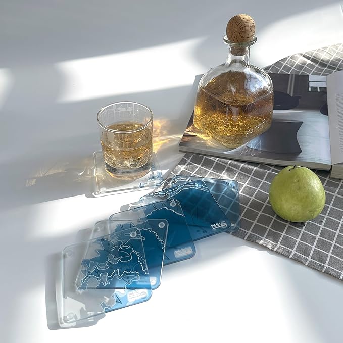 Vail, CO 3D Contour Map Glass Drink Coasters of Mountains, Ski Resort, Set of 6 with Holder, Housewarming Birthday Gifts, Home Decor