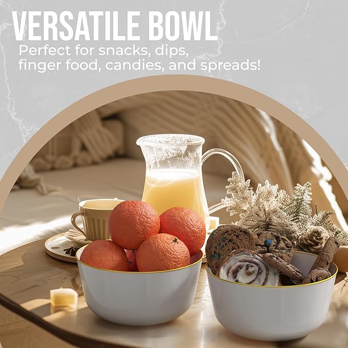 Trendables Plastic Bowls - Disposable 24 Oz Set of 50, White Gold Rimmed Fancy Serving Bowls, Perfect for Ice Cream, Salad, and Candy