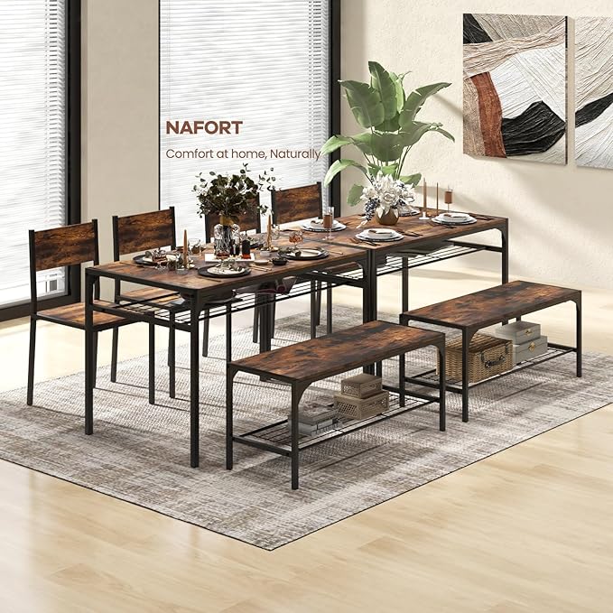 NAFORT Dining Table Set for 4, Kitchen Table with 2 Chairs and Bench, Rustic Wood Dining Set with Metal Storage Shelf, 4-Piece Space-Saving Dinette Sets for Kitchen&Dining Room, Apartment