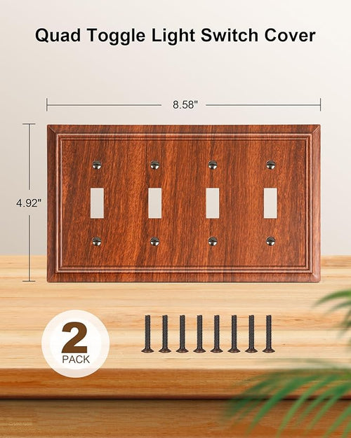 2-Pack Quad Toggle Light Switch Cover Plate, Wood Grain Decorative Switch Plate Covers, Natural Bamboo Fiber 4 Gang Wall Plate for Toggle Light Switch and Rotary Dimmer Switch