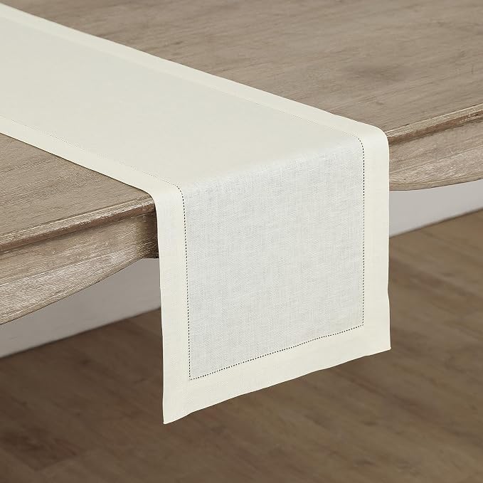 Solino Home 100% Linen Table Runner Ivory, Classic Hemstitch 14 x 108 in | - Image 2