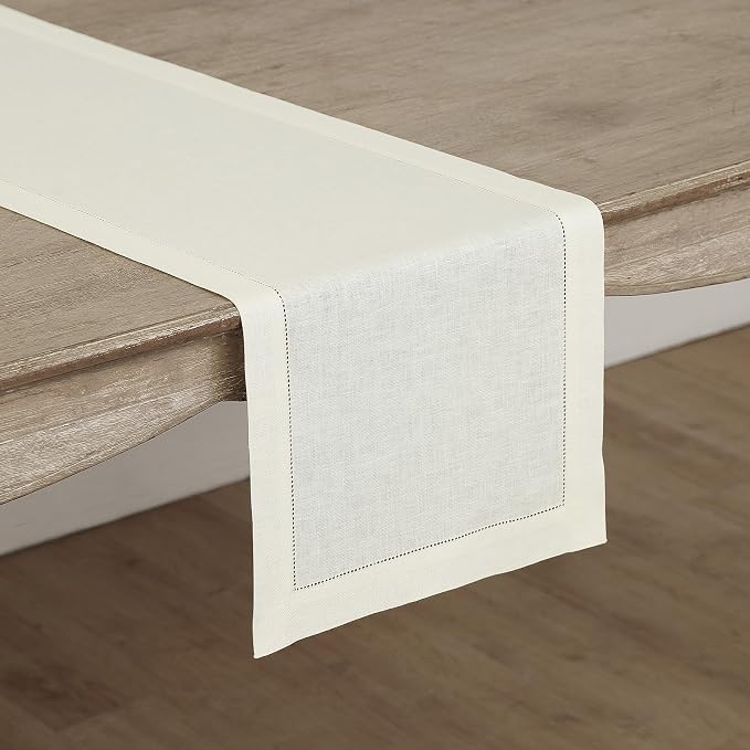 Solino Home 100% Linen Table Runner Ivory, Classic Hemstitch 14 x 120 in | - Image 2