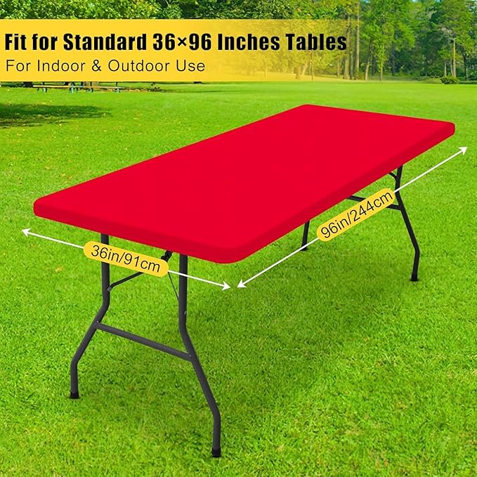 Smiry Rectangle Tablecloth, Elastic Fitted Flannel Backed Vinyl Tablecloths for 8ft Folding Tables, Waterproof Wipeable Table Covers for Indoor, Outdoor, Picnic and Camping (Red, 36"x96")