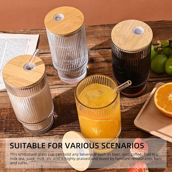 Drinking Glasses with Bamboo Lids and Glass Straw 2pcs Set, 16oz Glass Tumbler - Image 4