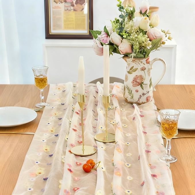 Table Runner 10FT Floral Gauze Tea Party Decorations Embroidery | Champagne - Image 6