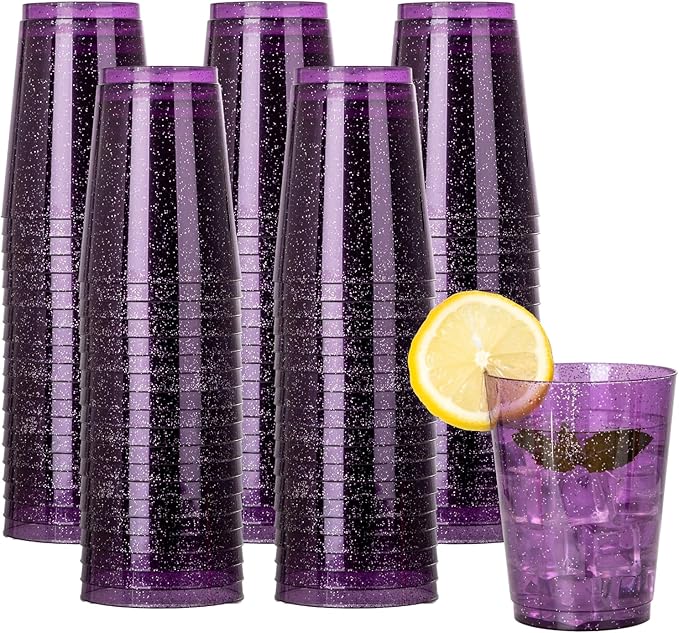 DaYammi 100 Pack 10 oz Purple Plastic Cups- Disposable Cups Tumblers, Elegant Purple Glitter Party Drinking Cup Perfect for Wedding Purple cups Perfect for Valentine's Day Party