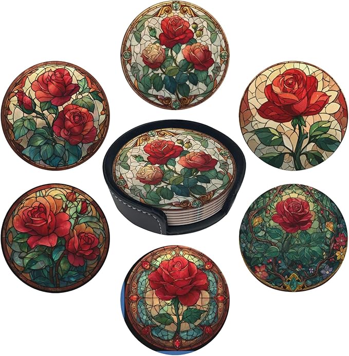 Rose Coasters for Drinks with Holder Round Leather Coasters Set of 6 Cups Mugs Mat Pad for Home Kitchen Bar