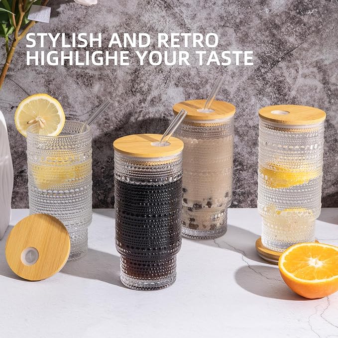 Drinking Glasses with Bamboo Lids and Glass Straw 8pcs Set, 16oz Glass Tumbler - Image 6