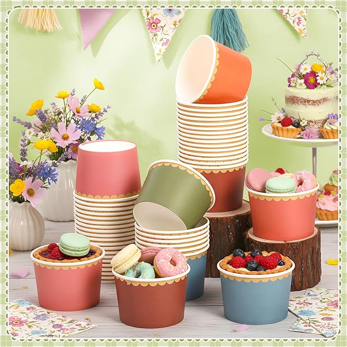Zopeal 48 Pcs Wildflower Disposable Ice Cream Bowls 9oz Wildflower Colorful Gradient Color Paper Snack Cups with Gold Scallop for Chili Cook off Parties, Weddings, Baby Showers, Desserts, Yogurt