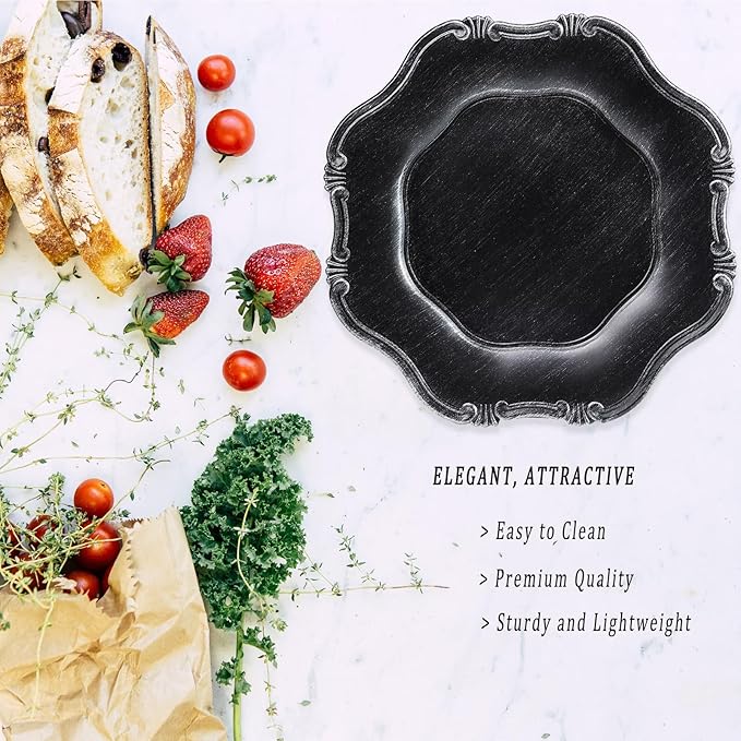 Black Charger Plates Set of 6, Decorative Table Plastic Chargers for Dinner Plates, Party, Wedding, Thanksgiving, Christmas, 22B
