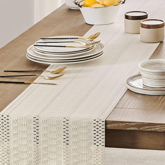 Macrame Style Boho Table Runner, 12x48 Inch Ivory | Woven Boho Table Runner - Image 5