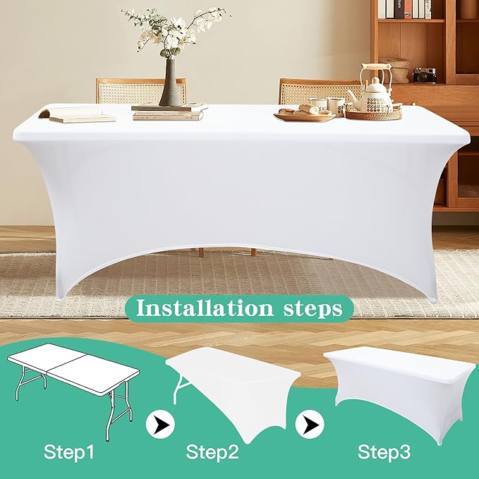 6FT Table Cloth for Rectangular Fitted Events Stretch White Table Covers Washable Spandex Tablecloth Protector for Party, Wedding, Cocktail, Banquet, Festival