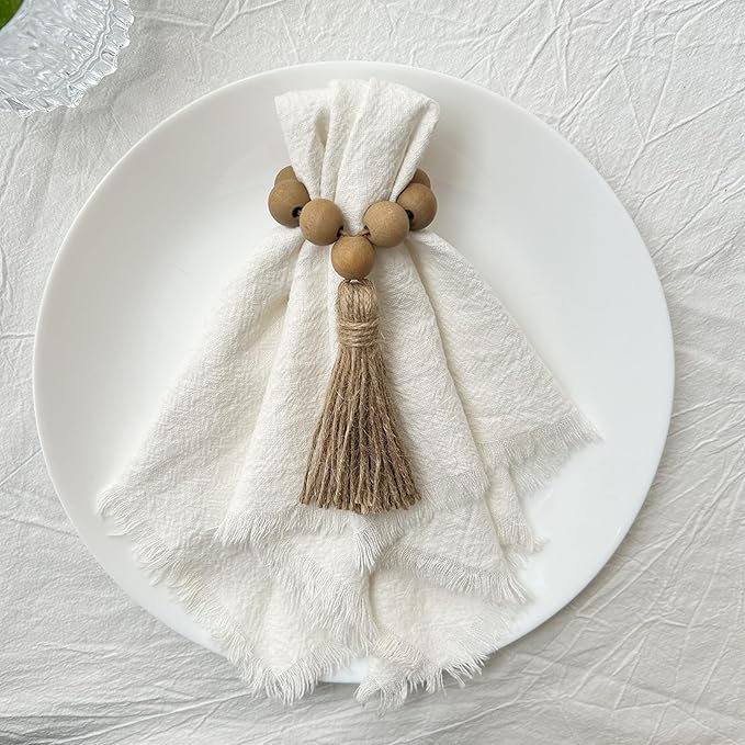 Napkin Rings Set of 12, Wooden Napkin Rings,Wood Bead Elastic Farmhouse Napkin Ring with Tassel,Boho Napkin Holder for Table Decor,Weeding,Dinner,Party(Light Brown)