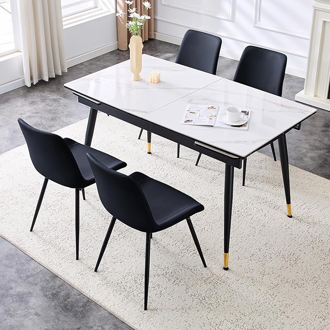 Extendable Dining Table Set for 4, 55'' to 78.8'' Rectangular Thickened Sintered Stone Kitchen Table with 4 Upholstered Chairs, Modern Space Saving 5-Piece Dinner Table Set