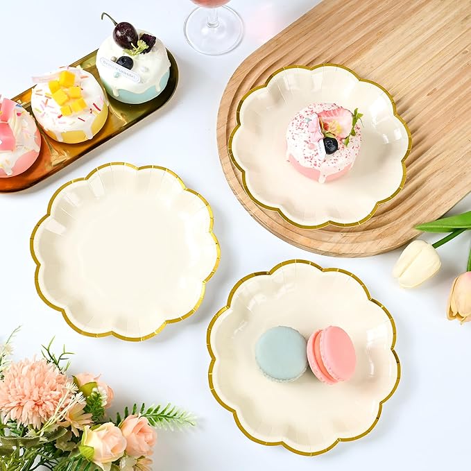 24 Pcs Beige Party Plates Cream Dessert Paper Plates 7inch Gold Foil Scalloped Edge Disposable Cake Plates for Birthday Bridal Baby Shower Wedding Party Supplies