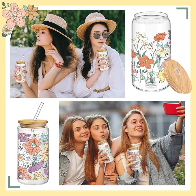Mumufy 4 Pack Wildflower Glass Cups Gift Aesthetic Cute Glass Cup Tumbler - Image 7