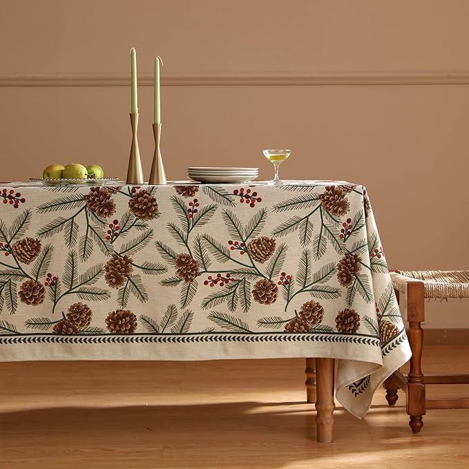 ISAENNE Designer Christmas Beige Linen Extra Long Tablecloth Rectangle,Pinecones Pattern Indoor Table Cloths,Washable Decor Tablecloths for Dining Thanksgiving Kitchen,67"*118"-Carol B