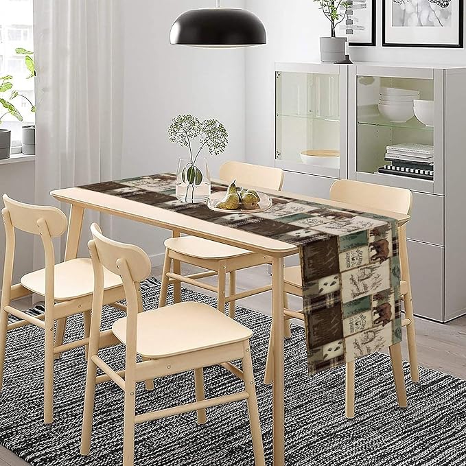 Rustic Cabin Bear Table Runner, Vintage Cottage Country Style Pine Tree Elk - Image 3
