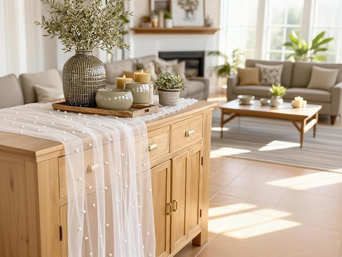 Pearl Table Runner Summer Tulle Gauze Sheer Wedding Party Home Decor | Ivory - Image 6