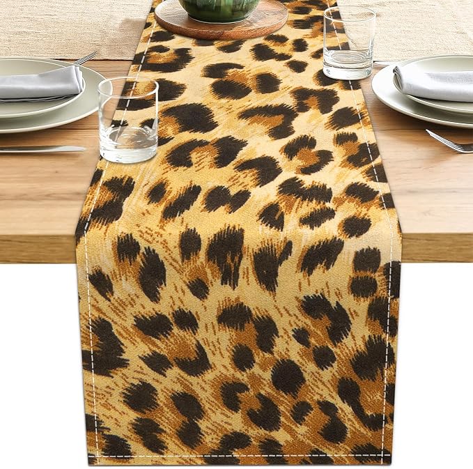 Linen Leopard Print Table Runner 13x71 Inch Farmhouse Western Leopard Decor by LXXTK