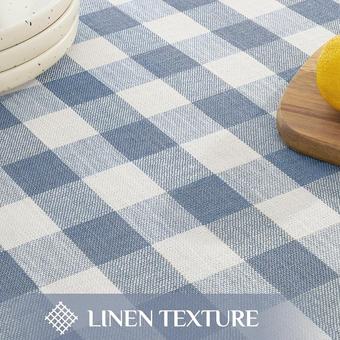 Softalker Checkered Tablecloth Rectangle, Outdoor Linen Cotton Gingham Table Cloth with Tassel, Heavy Duty Wrinkle Free Buffalo Plaid Table Cover for Kitchen Dining Home Party - 55 x 102 Inch, Blue