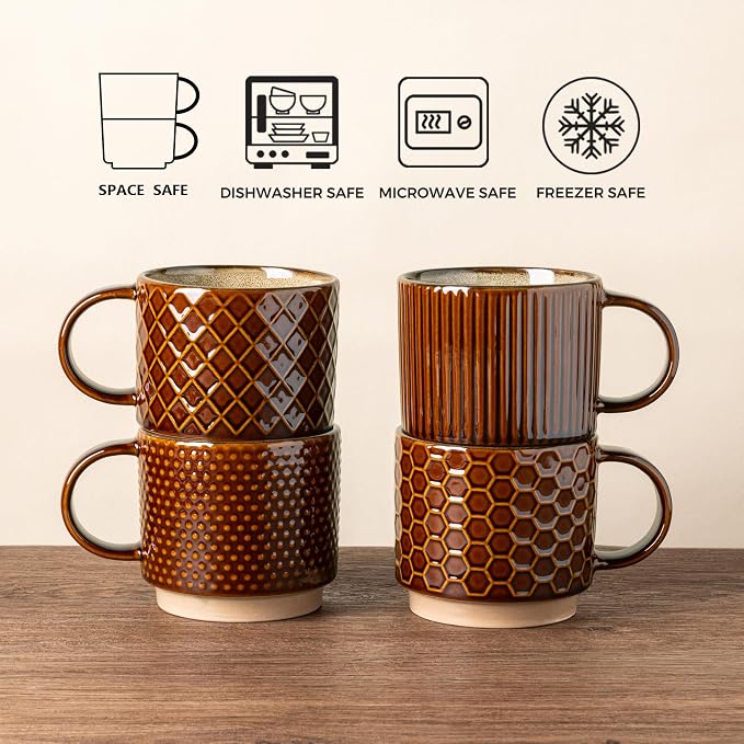 GBhome 6 OZ Stackable Coffee Mugs Set of 4, Ceramic Espresso Coffee Cups | - Image 7