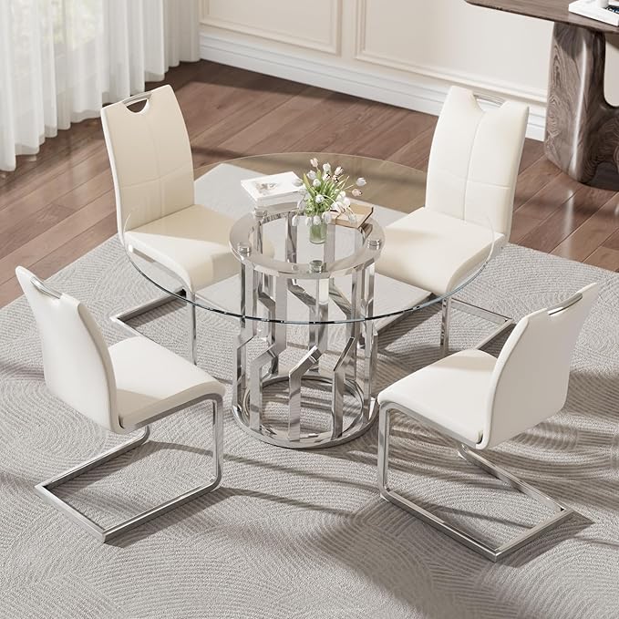 47.2" Round Glass Dining Table Set for 4, Modern 5 Piece Kitchen Table Set with Silver Stainless Steel Base & 4 PU Leather Accent Chairs, Saving Space, Dining Set for Apartment, Home - White Chair