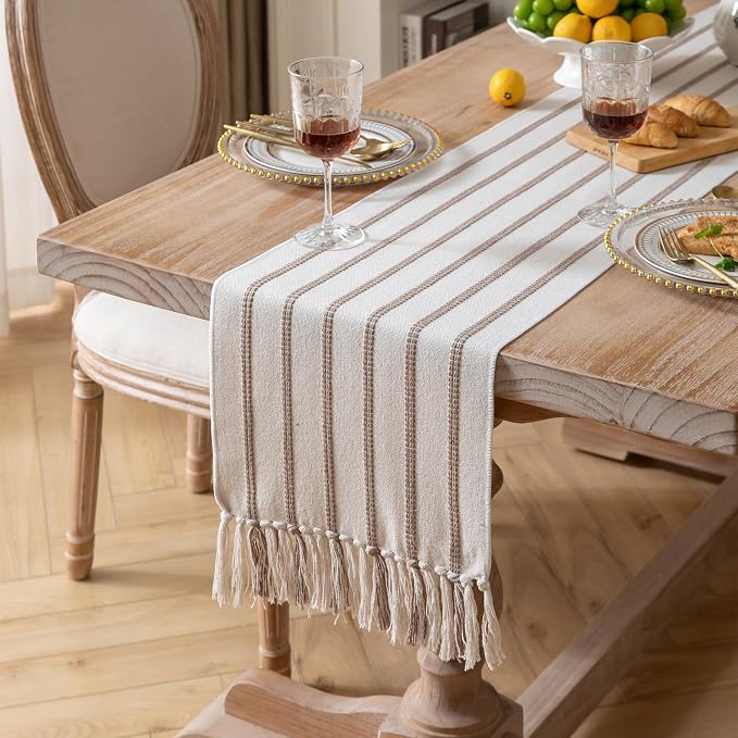 Caflife Boho Table Runner 90 Inchs Long Taupe and Beige, Cotton and Linen Woven - Image 2