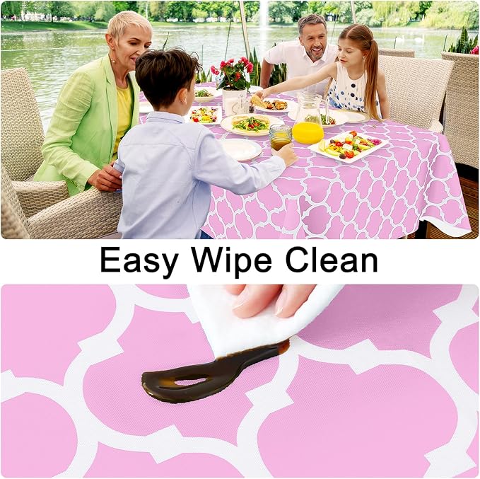 Smiry Round Plastic Table Cloth, Waterproof Vinyl Tablecloth with Flannel Backing for Round Tables, Wipeable Spillproof Tablecloths for Dining, Camping, Indoor and Outdoor (60" Round, Pink)