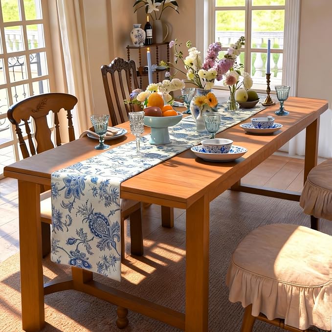 Blue Table Runner Cotton Polyester, 12x72 Inch | Waterproof Seasonal Spring - Image 2