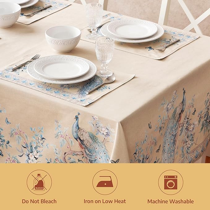 Maison d' Hermine Premium Table Cloth Rectangle Table 100% Combed Cotton 90 x 70 Inches Tablecloth Reusable Decorative for Dining Room Farmhouse Party Festive Wedding - Peacock Utopia - Sandy Beach