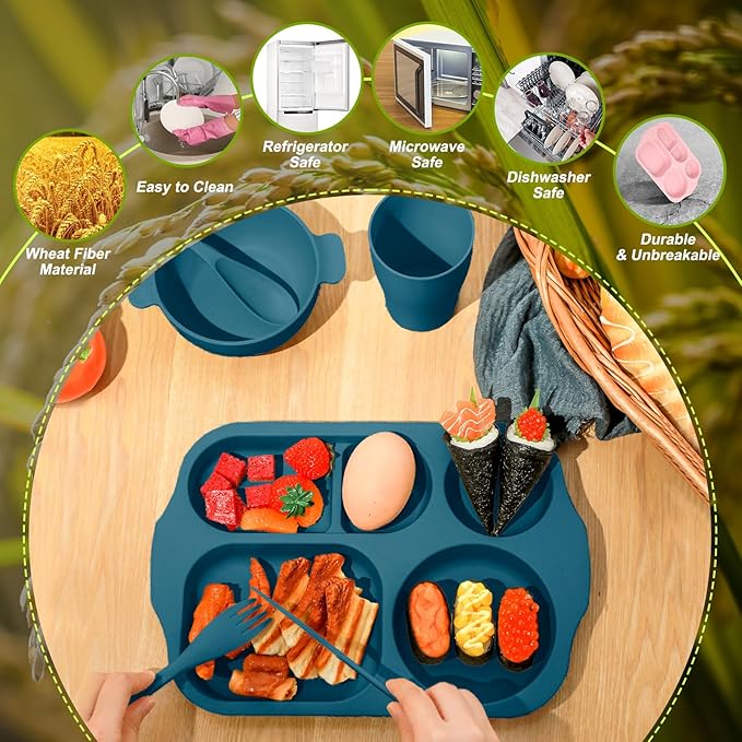 Tanlade 24 Pcs Wheat Straw Dinnerware Cutlery Sets, Divided Plates Unbreakable Bowl Microwave Dishwasher Safe Tableware Cutlery Spoon Knife Fork Cup(Dark Blue, Dark Green, Blue, Green)