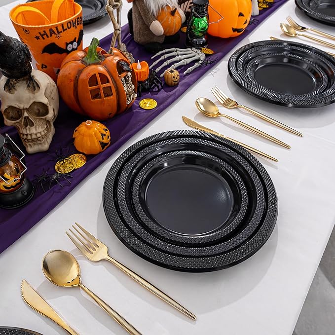 WELLIFE Black Plastic Plates 10 Inch -150 Count for Party, Plastic Disposable Dinner Plates for Easter Picnic BBQ