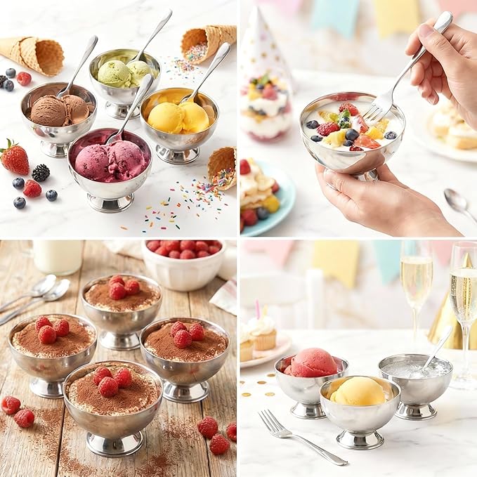 4 Pack Stainless Steel Dessert Bowls, Dessert Cups Ice Cream Cups with Footed Base, Serving Dessert Bowl for Fruit Salad, Pudding, Yogurt (silver)