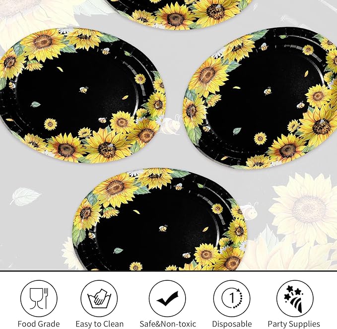 50Pcs Sunflower Bee Paper Oval Paper Plates 10" x 12" Large Disposable Heavy Duty Black Yellow Sunflower Bumble Bee Plates Dessert Platters for Spring Birthday Bridal Baby Shower Party Decorations