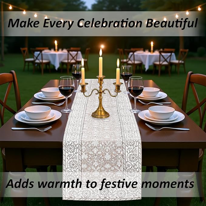 Taupe Hand Block Print 100% Cotton Reusable Table Runner 16" X 90" Inches Table - Image 8