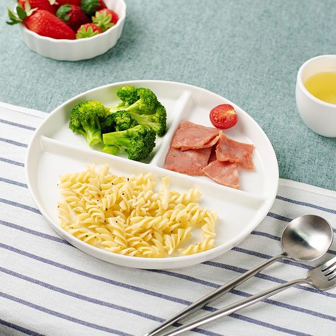 Ceramic Divided Plates Set of 4Pcs, large, White, Portion Control Plate, Reusable Bariatric Plate for Kids Adults, 3 Compartment Plates