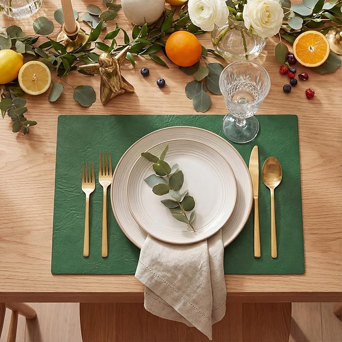 Artoid Mode Green Faux Leather Placemats Set of 6, 12x18 Inch Waterproof Wipeable Heat Resistant Vinyl Place Mats, Reversible Table Mats for St. Patrick's Day Dining Decor