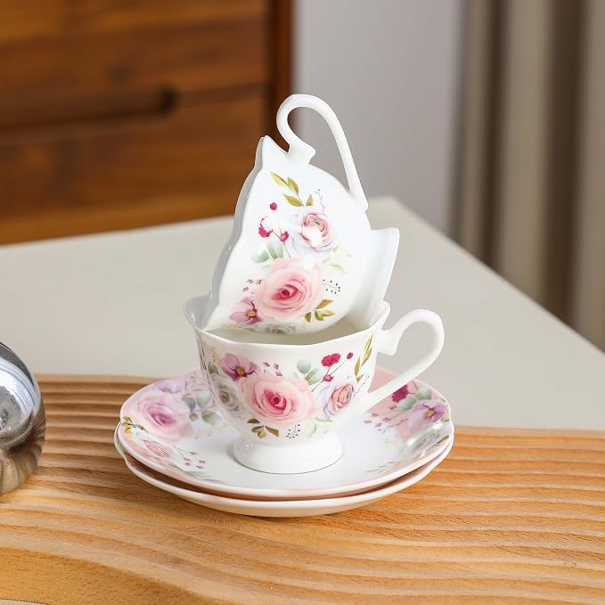 2.5oz Porcelain Demitasse Set of 6, 75ml Pink Espresso | Romantic pink floral - Image 7