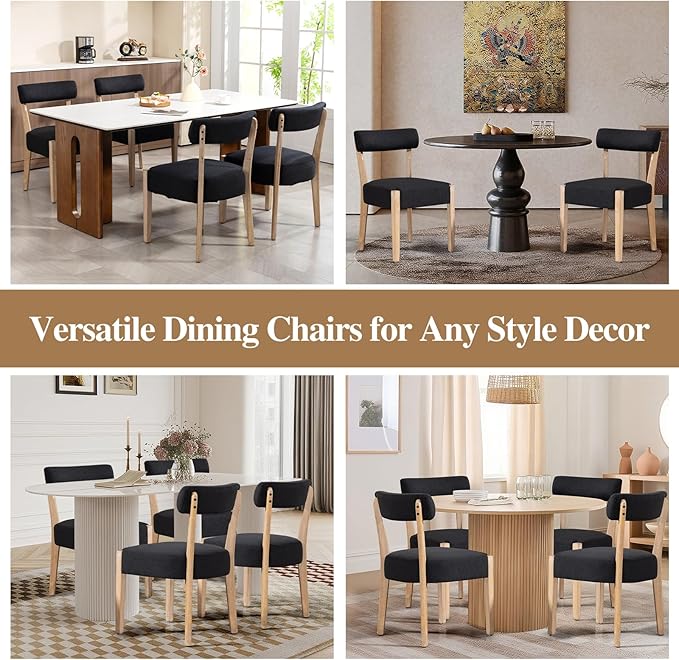 Dining Chairs Set of 6,Mid Century Modern Dining Chair Set - Linen Upholstered Low Back Kitchen & Dining Room Chairs with Woven Design,Black Fabric