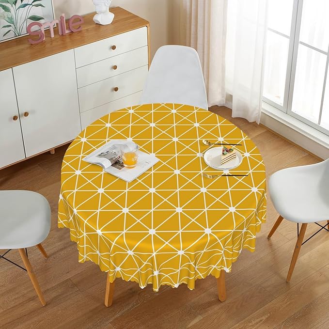 Laeacco 54 Inch Geometric Round Tablecloth Orange Triangle Modern Geometric Abstract Art Print Table Cloth Washable Waterproof Wrinkle Free Table Cover for Kitchen Dining Picnic Party Decoration
