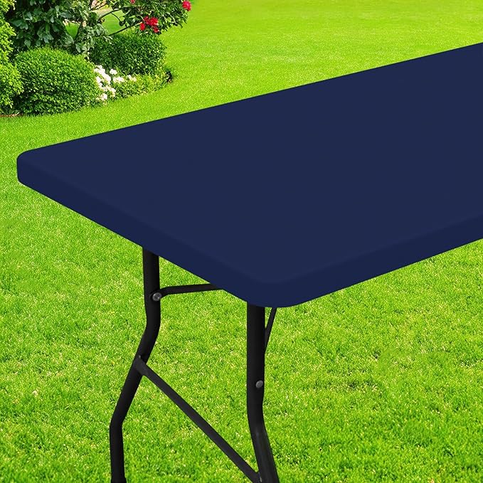 Smiry Rectangle Picnic Table Cloth, Waterproof Elastic Fitted Tablecloths for 8 Foot Tables, Washable Polyester Table Cover for Camping, Indoor and Outdoor (Navy, 30"x96")