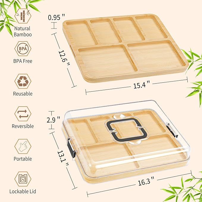 Portable Travel Charcuterie Board with Lid and Handle - Large Bamboo Cheese Board with 4 Cheese Knife Set for Outdoor, Picnics - Weddings, House Warming Gift for Women (6 Compartments, Black)