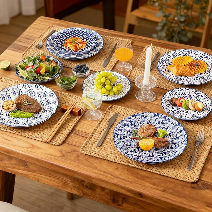 Sweejar Plates and Bowls Set for 4, 12 Pieces Handmade Ceramic Dinnerware Sets, Highly Scratch Resistant Dishes Set for Kitchen, Porcelain Dishwasher & Microwave Safe Dishes Set (Vintage Blue)