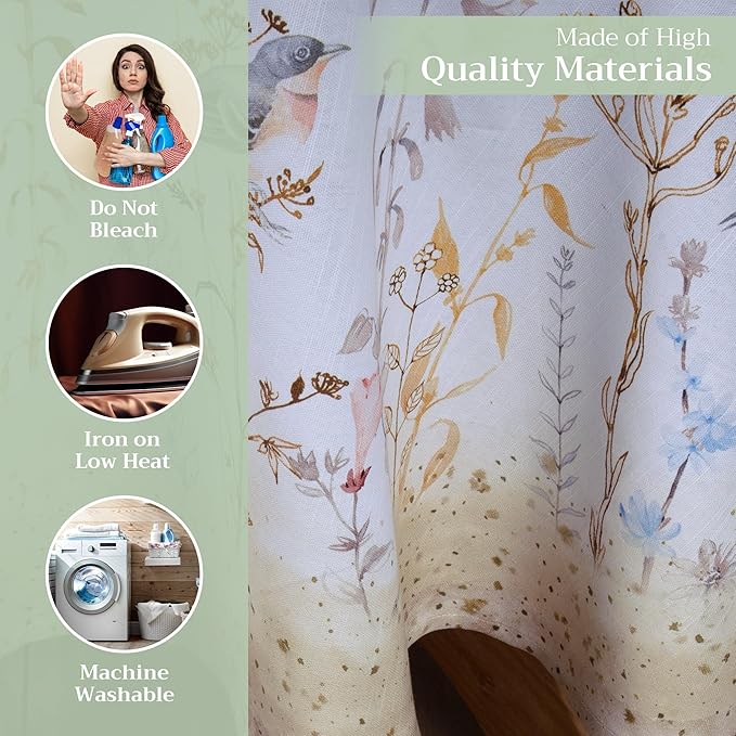Maison d' Hermine Table Cloth Round Table 100% Cotton 63 Round Inches Tablecloth Reusable Decorative for Dining Room Farmhouse Home Valentines Day Decorations Spring Summer - Meadow Florals - Beige